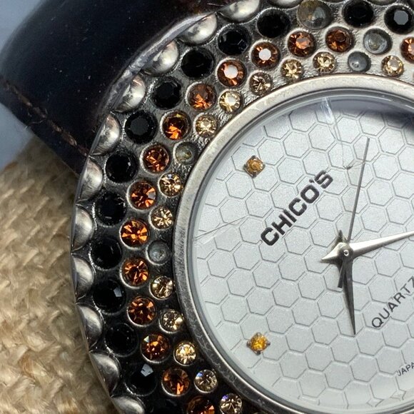 Chicos Quartz Ladies Wristwatch As Is Silver Brown Rhinestone Honeycomb Leather